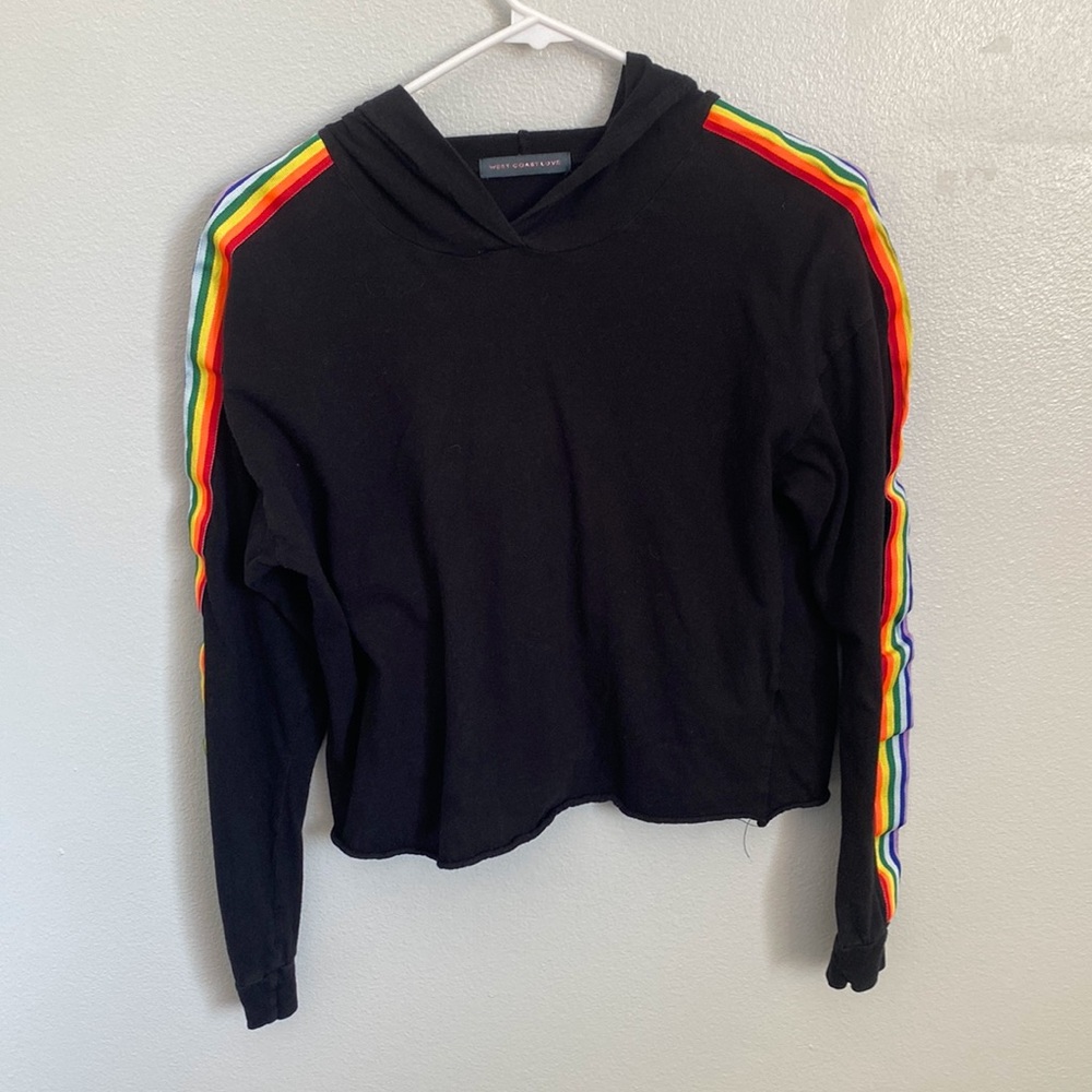 Black sweatshirt with rainbow stripes on the sides
